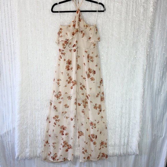 Flair the Label Jumpsuit Women’s MEDIUM Beige Tan Floral Halter Tie Neck Ruffles - Picture 1 of 12